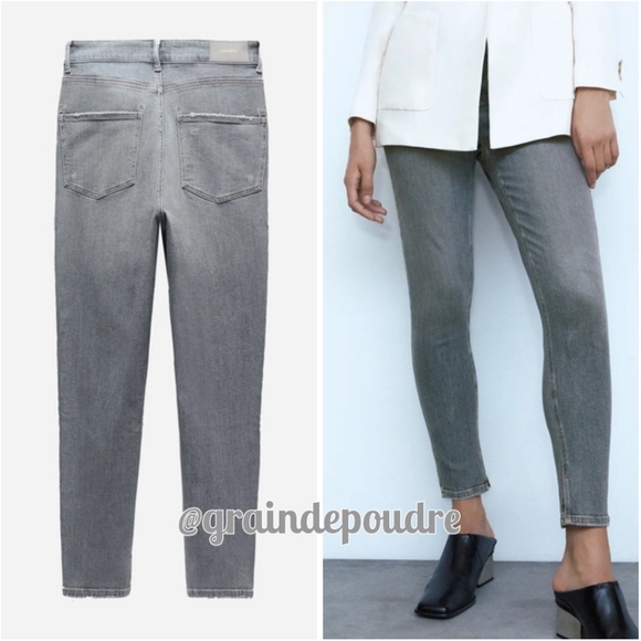New! Zara Light Gray Button Fly Skinny Cropped Jeans 34 2 - Picture 2 of 3